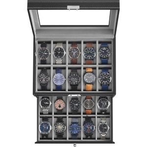 imageSONGMICS 20Slot Watch Box Watch Case with Glass Lid 2 Layers Lockable Watch Display Case Black Synthetic Leather Black Lining UJWB020B01Black  Gray