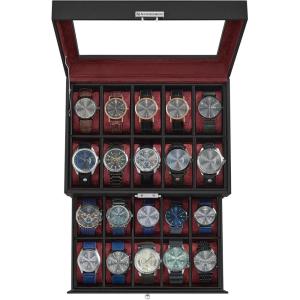 imageSONGMICS 20Slot Watch Box Watch Case with Glass Lid 2 Layers Lockable Watch Display Case Black Synthetic Leather Black Lining UJWB020B01Black  Wine Red