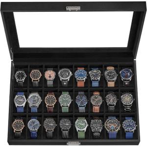 imageSONGMICS 24Slot Watch Box Lockable Storage Case With Glass Lid Ink Black Synthetic Leather Dove Gray Lining Gift Idea UJWB024Ink Black  Ink Black