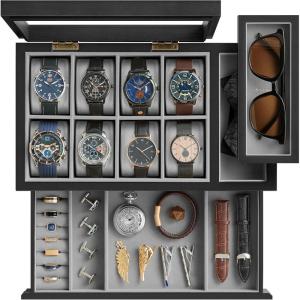 imageSONGMICS 8Slot Wooden Watch Box With Solid Wood Veneer 2Tier Display Case Transparent Window Removable Pillows Velvet Lining Gift Idea Ebony Black UJOW002B01Ebony Black