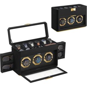 imageSONGMICS HOME RONNE Collection  9Slot Watch Box Vertical Display Case With Glass Windows Adjustable Holders Woven Embossed PU Leather Floating Effect Gift Idea Ink Black UJWB026B01
