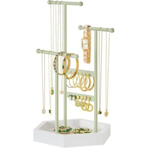 imageSONGMICS Jewelry Holder Jewelry Organizer 3 Tiers and 1 Tray Gift for Mom Jewelry Display Stand with Metal Frame Necklace Earring Bracelet Holder for Rings Jelly Pink and Cloud WhiteLaurel Green  Cloud White