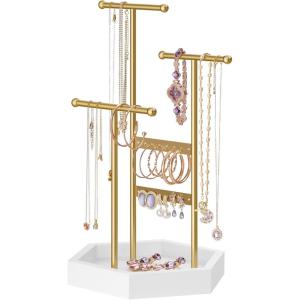 imageSONGMICS Jewelry Holder Jewelry Organizer 3 Tiers and 1 Tray Gift for Mom Jewelry Display Stand with Metal Frame Necklace Earring Bracelet Holder for Rings Jelly Pink and Cloud WhitePale Gold  White