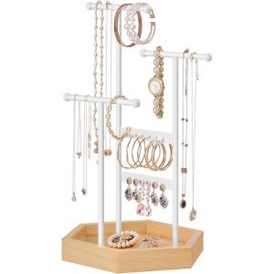 imageSONGMICS Jewelry Holder Jewelry Organizer 3 Tiers and 1 Tray Gift for Mom Jewelry Display Stand with Metal Frame Necklace Earring Bracelet Holder for Rings Jelly Pink and Cloud WhiteMatte White  Natural Beige