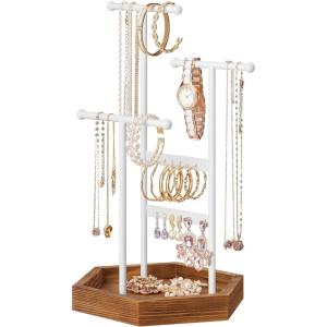 imageSONGMICS Jewelry Holder Jewelry Organizer 3 Tiers and 1 Tray Gift for Mom Jewelry Display Stand with Metal Frame Necklace Earring Bracelet Holder for Rings Jelly Pink and Cloud WhiteMatte White  Caramel Brown