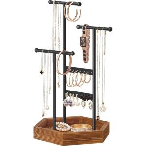 imageSONGMICS Jewelry Holder Jewelry Organizer 3 Tiers and 1 Tray Gift for Mom Jewelry Display Stand with Metal Frame Necklace Earring Bracelet Holder for Rings Jelly Pink and Cloud WhiteInk Black  Caramel Brown