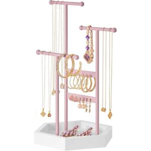 imageSONGMICS Jewelry Holder Jewelry Organizer 3 Tiers and 1 Tray Gift for Mom Jewelry Display Stand with Metal Frame Necklace Earring Bracelet Holder for Rings Jelly Pink and Cloud WhiteJelly Pink  Cloud White