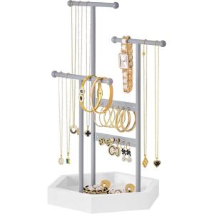 imageSONGMICS Jewelry Holder Jewelry Organizer 3 Tiers and 1 Tray Gift for Mom Jewelry Display Stand with Metal Frame Necklace Earring Bracelet Holder for Rings Jelly Pink and Cloud WhiteDove Gray  Cloud White