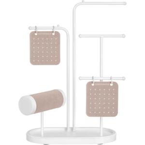 imageSONGMICS Jewelry Stand Jewelry Organizer Jewelry Display Holder with Metal Frame 2 Earring Boards 4 Hanging Rods Necklace Earring Bracelet Holder for Watches Cloud White UJJS025W01Cloud White
