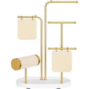 imageSONGMICS Jewelry Stand Jewelry Organizer Jewelry Display Holder with Metal Frame 2 Earring Boards 4 Hanging Rods Necklace Earring Bracelet Holder for Watches Cloud White UJJS025W01Metallic Gold