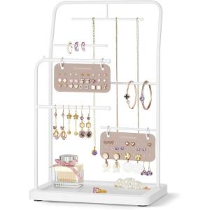 imageSONGMICS Jewelry Stand Jewelry Organizer Jewelry Display Holder with Metal Frame 2 Earring Boards 6 Hanging Rods Necklace Earring Bracelet Holder for Rings Ink Black UJJS024B01Cloud White
