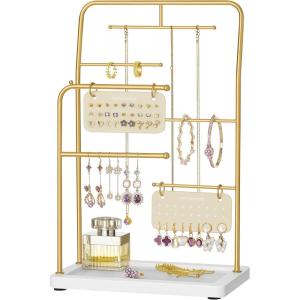 imageSONGMICS Jewelry Stand Jewelry Organizer Jewelry Display Holder with Metal Frame 2 Earring Boards 6 Hanging Rods Necklace Earring Bracelet Holder for Rings Ink Black UJJS024B01Metallic Gold