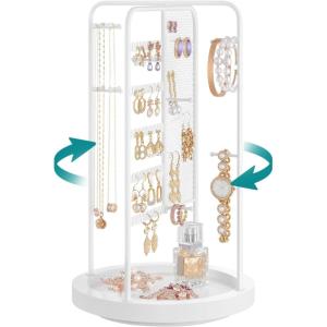 imageSONGMICS Jewelry Stand Rotating Jewelry Display 4 Independent Sections Metal Frame with Bottom Tray Jewelry Organizer for Necklaces Bracelets Earrings Rings Gift Idea White UJJS023W01White