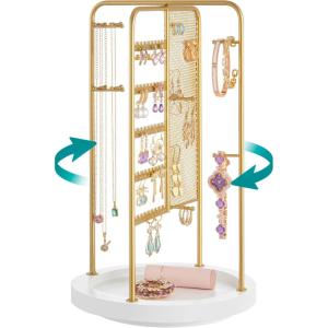 imageSONGMICS Jewelry Stand Rotating Jewelry Display 4 Independent Sections Metal Frame with Bottom Tray Jewelry Organizer for Necklaces Bracelets Earrings Rings Gift Idea White UJJS023W01Gold