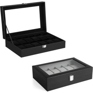 imageSONGMICS Watch Box Bundle 12Slot Watch Case with Glass Lid Watch Holder with Removable Watch Pillow Velvet Lining Metal Clasp Watch Display Black UJWB12BK and UJWB012B01