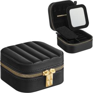 imageSONGMICS HOME Travel Jewelry Case Small Jewelry Box Organizer with Mirror 41 x 41 x 24 Inches PU Surface with Stitching Portable Ink Black ANAH Collection UJBC179B01Ink Black