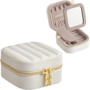imageSONGMICS HOME Travel Jewelry Case Small Jewelry Box Organizer with Mirror 41 x 41 x 24 Inches PU Surface with Stitching Portable Ink Black ANAH Collection UJBC179B01Cloud White