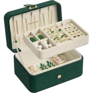 imageSONGMICS Jewelry Box Travel Jewelry Case 2Layer Jewelry Holder Organizer Portable Versatile Earring Storage for Larger Accessories Retro Green UJBC166C04Retro Green