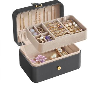 imageSONGMICS Jewelry Box Travel Jewelry Case 2Layer Jewelry Holder Organizer Portable Versatile Earring Storage for Larger Accessories Retro Green UJBC166C04Slate Gray