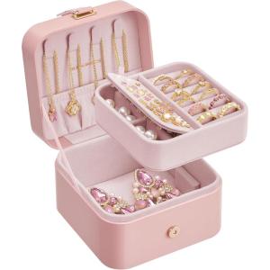 imageSONGMICS Jewelry Box Travel Jewelry Case 2Layer Jewelry Holder Organizer Portable Versatile Earring Storage for Larger Accessories Retro Green UJBC166C04Jelly Pink