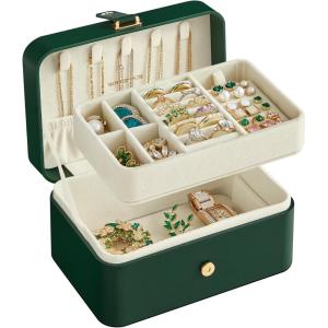 imageSONGMICS Jewelry Box Travel Jewelry Case 2Layer Jewelry Holder Organizer Portable Versatile Earring Storage for Larger Accessories Retro Green UJBC166C04Forest Green