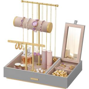 imageSONGMICS Jewelry Holder Jewelry Organizer Jewelry Display Stand Metal Earring Organizer with Mirror with Necklace Earring Bracelet Holder for Rings Gift Idea Dove Gray and Gold UJJS022G01Dove Gray  Gold