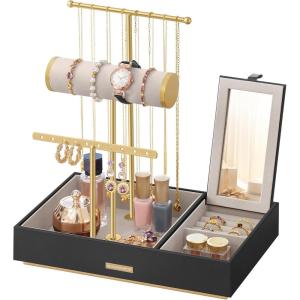 imageSONGMICS Jewelry Holder Jewelry Organizer Jewelry Display Stand Metal Earring Organizer with Mirror with Necklace Earring Bracelet Holder for Rings Gift Idea White and Gold UJJS022W01V1Black  Gold