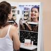 imageSONGMICS 6 LEDs Lockable Mirror Jewelry Cabinet 360 Swivel Jewelry Organizer Armoire Standing Frameless FullLength Mirror 3 Storage Shelves Gift for Mom Rustic Brown Surface Black LiningWhite  Black