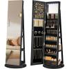imageSONGMICS 6 LEDs Lockable Mirror Jewelry Cabinet 360 Swivel Jewelry Organizer Armoire Standing Frameless FullLength Mirror 3 Storage Shelves Gift for Mom Rustic Brown Surface Black LiningBlack