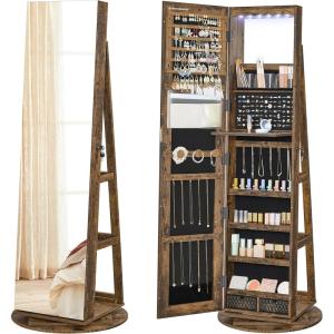 imageSONGMICS 6 LEDs Lockable Mirror Jewelry Cabinet 360 Swivel Jewelry Organizer Armoire Standing Frameless FullLength Mirror 3 Storage Shelves Gift for Mom Rustic Brown Surface Black LiningRustic Brown  Black