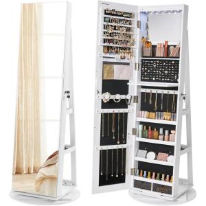 imageSONGMICS 6 LEDs Lockable Mirror Jewelry Cabinet 360 Swivel Jewelry Organizer Armoire Standing Frameless FullLength Mirror 3 Storage Shelves Gift for Mom Rustic Brown Surface Black LiningWhite  Black