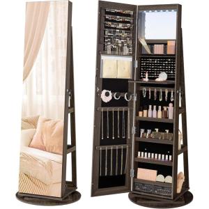 imageSONGMICS 6 LEDs Lockable Mirror Jewelry Cabinet 360 Swivel Jewelry Organizer Armoire Standing Frameless FullLength Mirror 3 Storage Shelves Gift for Mom Rustic Brown Surface Black LiningAsh Brown  Black Lining