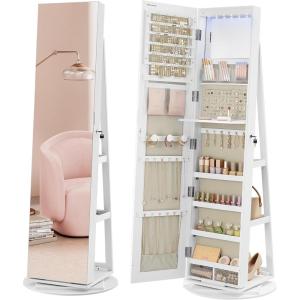 imageSONGMICS 6 LEDs Lockable Mirror Jewelry Cabinet 360 Swivel Jewelry Organizer Armoire Standing Frameless FullLength Mirror 3 Storage Shelves Gift for Mom Rustic Brown Surface Black LiningWhite  Greige