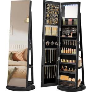 imageSONGMICS 6 LEDs Lockable Mirror Jewelry Cabinet 360 Swivel Jewelry Organizer Armoire Standing Frameless FullLength Mirror 3 Storage Shelves Gift for Mom Rustic Brown Surface Black LiningBlack