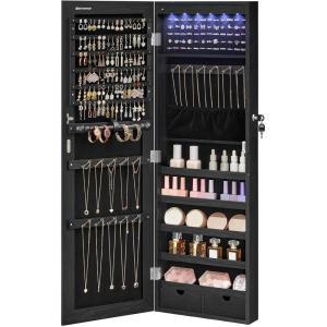 imageSONGMICS Hanging Jewelry Cabinet WallMounted Cabinet with LED Interior Lights DoorMounted Jewelry Organizer FullLength Mirror Gift Idea Gift for Mom White UJJC99WTInk Black