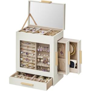 imageSONGMICS Jewelry Box with Glass Window 5Layer Jewelry Organizer with 3 Side Drawers Jewelry Storage with Big Mirror Modern 61 x 103 x 126 Inches Cloud White and Metallic Gold UJBC162W01Cloud White  Metallic Gold