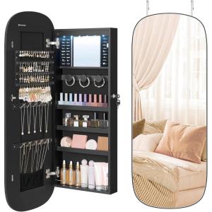imageSONGMICS Jewelry Organizer LED Jewelry Cabinet WallDoor Mounted Lockable Rounded Wide Mirror with Storage Interior Mirror 39 x 165 x 425 Inches White Surface with Greige LiningBlack