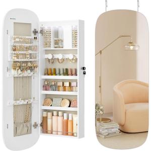imageSONGMICS Jewelry Organizer LED Jewelry Cabinet WallDoor Mounted Lockable Rounded Wide Mirror with Storage Interior Mirror 39 x 165 x 425 Inches White Surface with Greige LiningWhite  Greige