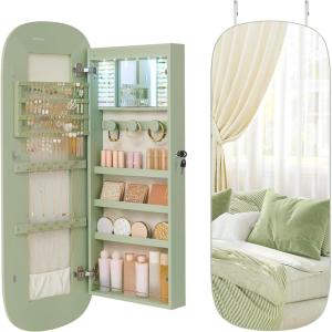 imageSONGMICS Jewelry Organizer LED Jewelry Cabinet WallDoor Mounted Lockable Rounded Wide Mirror with Storage Interior Mirror 39 x 165 x 425 Inches White Surface with Greige LiningLaurel Green  Cream White