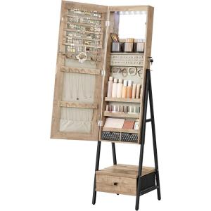 imageSONGMICS LED Cabinet Standing Lockable Jewelry Armoire with FullLength Mirror SpaceSaving Jewelry Organizer with Mirror Bottom Drawer and Shelf Gift Idea Rustic Brown UJJC025X01Toasted Oak