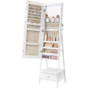 imageSONGMICS LED Cabinet Standing Lockable Jewelry Armoire with FullLength Mirror SpaceSaving Jewelry Organizer with Mirror Bottom Drawer and Shelf Gift Idea Rustic Brown UJJC025X01Cloud White