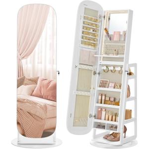 imageSONGMICS LED Jewelry Cabinet 360 Swivel Jewelry Organizer Lockable Mirror Jewelry Cabinet Standing Rounded Wide FullLength Mirror with Storage Shelves Interior Mirror Gift for Mom Cloud WhiteCloud White