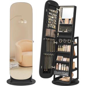 imageSONGMICS LED Jewelry Cabinet 360 Swivel Jewelry Organizer Lockable Mirror Jewelry Cabinet Standing Rounded Wide FullLength Mirror with Storage Shelves Interior Mirror Gift for Mom Cloud WhiteEbony Black