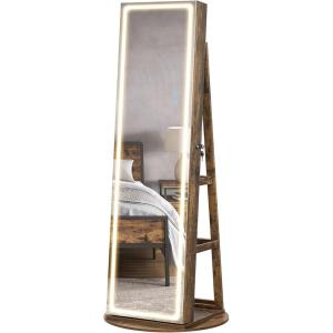 imageSONGMICS LED Jewelry Cabinet Standing Lockable Armoire With FullLength Mirror and Adjustable Lights SpaceSaving Organizer Gift for Mom Ink Black UJJC008B01Rustic Brown