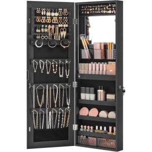 imageSONGMICS Mirror Jewelry Cabinet Armoire Organizer Wall or Door Mount Storage Cabinet with FullLength Frameless Lighted Mirror Builtin Makeup Mirror 2 Drawers Lockable White UJJC013W01Black