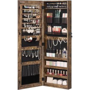 imageSONGMICS Mirror Jewelry Cabinet Armoire Wall or Door Mounted Jewelry Storage Hanging Lockable Frameless with 2 Plastic Cosmetic Organizers Gift Idea Black UJJC001B01Rustic Brown