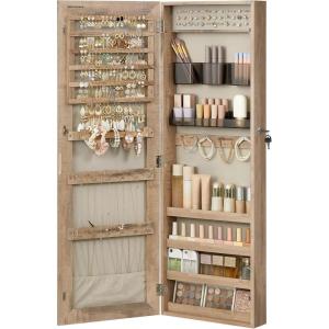 imageSONGMICS Mirror Jewelry Cabinet Armoire Wall or Door Mounted Jewelry Storage Hanging Lockable Frameless with 2 Plastic Cosmetic Organizers Gift Idea Black UJJC001B01Toasted Oak