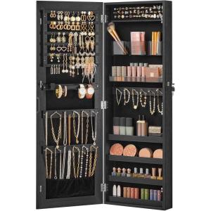 imageSONGMICS Mirror Jewelry Cabinet Armoire Wall or Door Mounted Jewelry Storage Hanging Lockable Frameless with 2 Plastic Cosmetic Organizers Gift Idea Black UJJC001B01Black