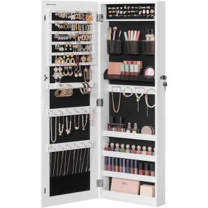 imageSONGMICS Mirror Jewelry Cabinet Armoire Wall or Door Mounted Jewelry Storage Hanging Lockable Frameless with 2 Plastic Cosmetic Organizers Gift Idea Black UJJC001B01White