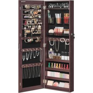 imageSONGMICS Mirror Jewelry Cabinet Armoire Wall or Door Mounted Jewelry Storage Hanging Lockable Frameless with 2 Plastic Cosmetic Organizers Gift Idea Black UJJC001B01Brown